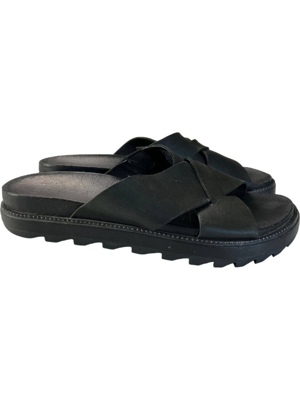 Sorel Black Cross-Strap Slide Sandals